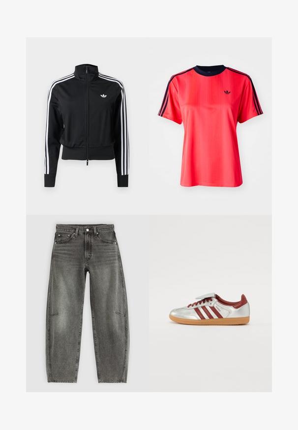 Čierna športová bunda na zips s bielymi tromi pásikmi na rukávoch a malým bielym logom Adidas na ľavej strane hrudníka.; Červené športové tričko s krátkymi rukávmi, s vertikálnymi pruhmi, námorníckym okrúhlym výstrihom a malým čiernym logom na prednej strane.; Šedé vysoké džínsy s umelým opotrebovaním, s piatimi vreckami, zapínaním na gombík a voľným rovnomerným strihom.; Strieborné športové topánky s červenými pruhmi, textúrovanou gumenou podrážkou a suchým zipsom na vrchu. Obsahujú hladký kožený povrch a polstrovaný golier.