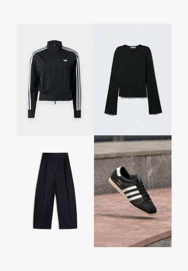 Sort lynlåstræningsjakke med hvide tre-stribede detaljer på ærmerne og lille hvid Adidas-logo på venstre bryst.; Sort langærmet top lavet af blødt stof. Har rund halsudskæring og flared ærmer med cropped kant. Labelen siger "WEEKDAY."; Sorte vidde bukser med diskrete nålestriber, front overlap detalje, sidelommer og en skjult lukning i linningen.; Sort lædersneaker med hvide striber og sål, snøret, svævende over en rosa betonoverflade med en grå stenvæg i baggrunden.