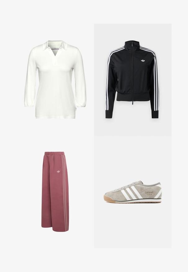 Sort lynlåstræningsjakke med hvide tre-stribede detaljer på ærmerne og lille hvid Adidas-logo på venstre bryst.; Langærmet hvid polo-shirt lavet af blødt stof, med V-hals og en stolpe. Samlede manchetter og et mærke på siden.; Vidde støvede lyserøde Adidas bukser med elastisk talje, tre lysere sidelister og et trebladet logo på det øverste lår.; Grå ruskindssneaker med tre hvide striber, rundet snude, sål i gummigummi og lille mærkedetalje på siden.