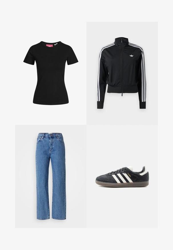 Schwarze Trainingsjacke mit Reißverschluss, weißen drei Streifen an den Ärmeln und kleinem weißem Adidas-Logo auf der linken Brust.; Schwarzes Kurzarm-T-Shirt aus Baumwolle. Klassisches Rundhalsdesign mit glatter Textur und figurbetontem Schnitt.; Helle blaue Straight-Leg-Jeans aus Denim, mit hoher Taille, Fünf-Taschen-Design und Kontrastnähten. Sauberer Saumabschluss.; Schwarzer Adidas Samba Sneaker mit weißen Streifen, Gummisohle und goldfarbenem "Samba"-Schriftzug an der Seite, von links im Profil vor einfachem Hintergrund gezeigt.