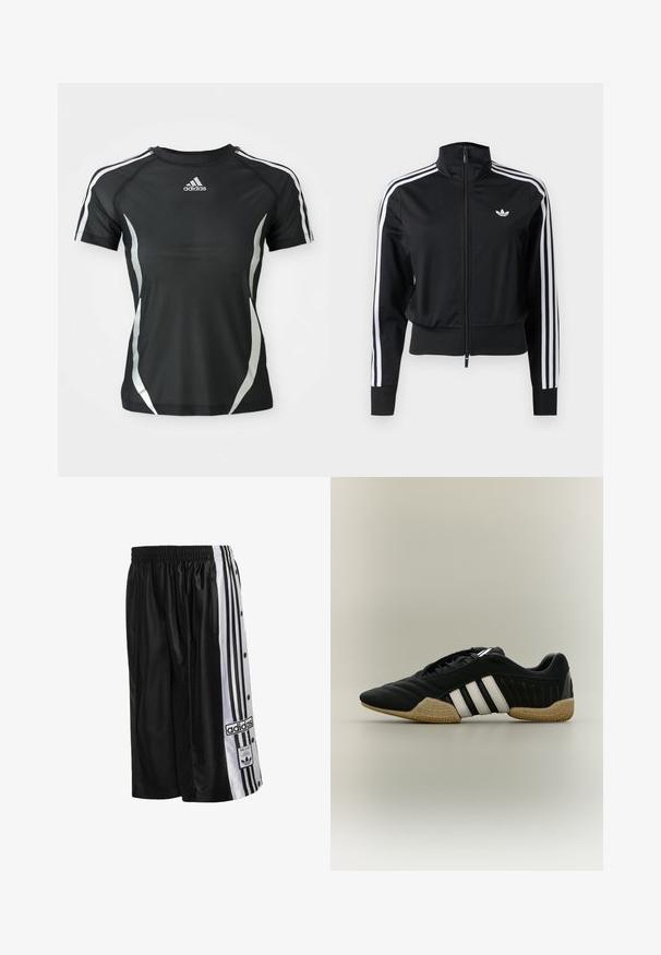 Musta vetoketjullinen verkkatakki, jossa valkoiset kolmen raidan yksityiskohdat hihoissa ja pieni valkoinen Adidas-logo vasemmassa rinnassa.; Mustapohjainen Adidas lyhythihainen urheilupaita, jossa on valkoiset raidat harteilla ja hopeiset kaarevat yksityiskohdat sivuilla.; Mustat Adidas-urheilushortsit, joissa valkoiset sivupaneelit, mustat raidat, painonapit ja Adidas-logo vasemmassa lahkeessa.; Musta urheilukenkä, jossa valkoiset raidat ja beige, teksturoitu pohja neutraalilla taustalla, kuvattuna sivuprofiilissa.