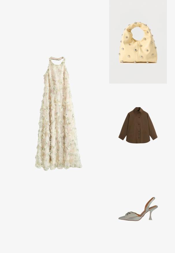 Brun langærmet jakke med knapper, høj krave og to forlommer, vist på hvid baggrund.; Gulvlange ærmeløs beige kjole med blomsterapplikationer og subtile lyserøde og grønne mønstre, der har høj halsudskæring og bølget kant.; Hvide satin slingback sko, spidse tå, udsmykket med sølvperler. Har en slank, klar hæl og en struktureret, dekorativ detalje på overdelen.; Blød gul håndtaske med cirkulært håndtag, dekoreret med jævnt fordelte små sølvfarvede metalknopper på en glat overflade.