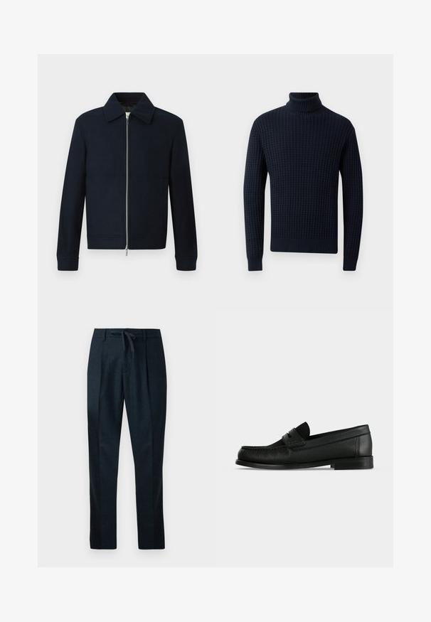 Marineblå herres uljakke med frontlynlås, spids krave, lange ærmer og sidelommer på hvid baggrund.; Marineblå turtleneck sweater med et struktureret, vaffelstrikdesign. Har lange ærmer og ribbede kantinger ved hals, ærmer og bund. Blødt materiale.; Marineblå bukser lavet af tekstureret stof, med elastisk talje, lige ben og to frontfældinger for et skræddersyet udseende.; Sort læder penny loafer med tekstureret overflade, lav hæl og en rem over overdelen, vist i sideprofil på en ensfarvet baggrund.