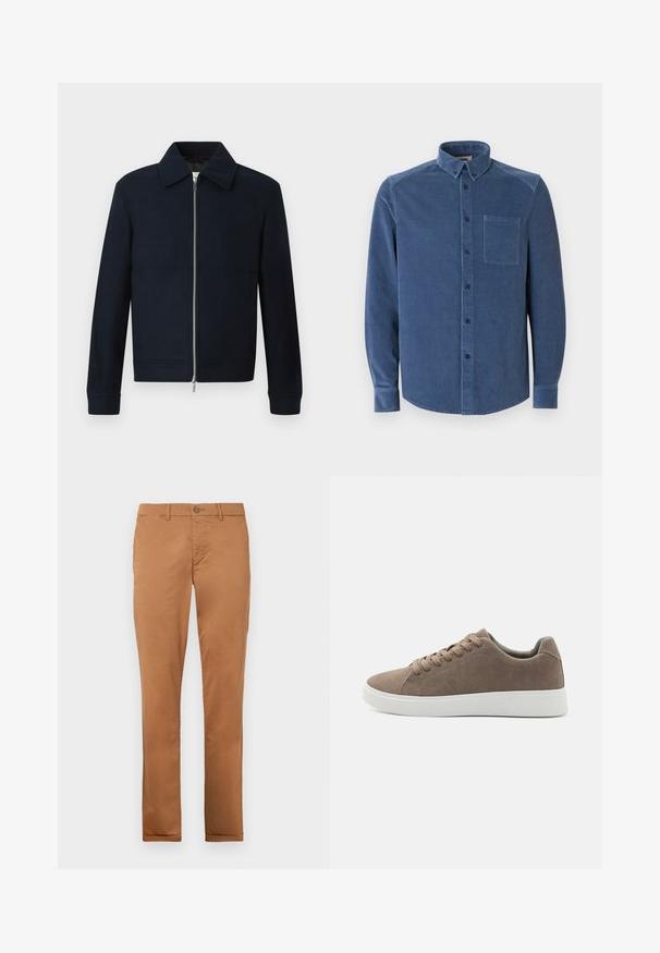 Veste en laine pour homme de couleur bleu marine avec fermeture éclair sur le devant, col pointu, manches longues et poches latérales sur fond blanc.; Chemise en velours côtelé bleu avec un col boutonné, des manches longues, une poche avant et une patte de boutonnage cachée avec des boutons assortis.; Chinos en coton marron avec une coupe slim, dotés d'une fermeture à bouton, de poches latérales et d'une texture lisse.; Baskets en daim marron avec des semelles en caoutchouc blanc plat, design lacé, bout rond et texture lisse. Style minimaliste avec des détails de couture subtils.