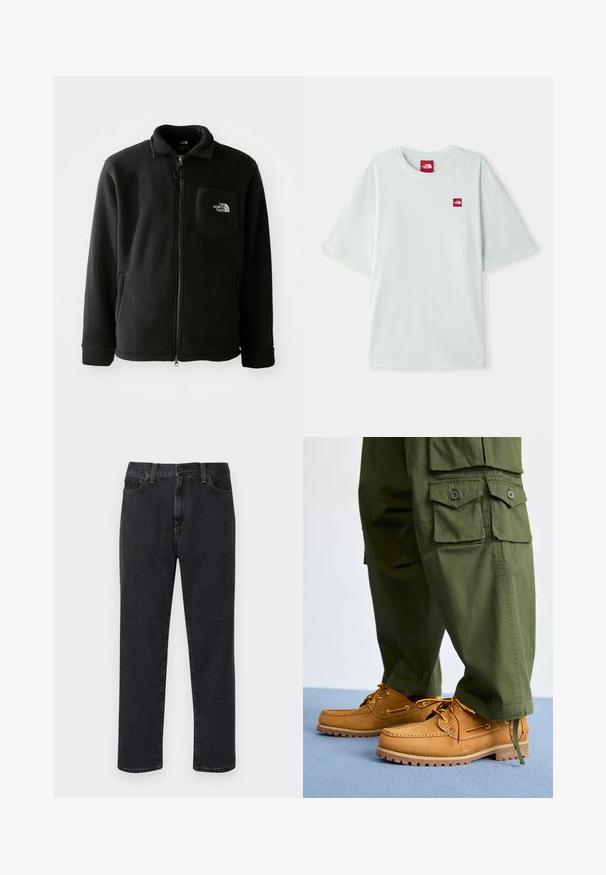 Sort fleecejakke med lynlås foran, høj krave, elastiske manchetter og en brystlomme med logo. Blødt materiale, afslappet design.; Lysegrøn kortærmet t-shirt lavet af blød bomuld, med et lille rødt logo på venstre brystområde. Løs pasform og rund halsudskæring.; Sorte lige ben jeans med frontlommer, bæltestropper og knaplukning, præsenteret mod en hvid baggrund.; Timberland AUTHENTIC 3 EYE - Sejlersko - wheat