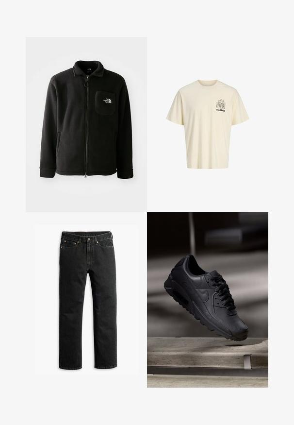 Veste en polaire noire avec fermeture éclair à l'avant, col haut, poignets élastiques et une poche poitrine avec un logo. Texture douce, design décontracté.; T-shirt à manches courtes couleur crème avec le texte « Sicily Palermo » et un croquis noir de bâtiments sur le haut gauche de la poitrine.; Jean en denim noir à jambe droite avec cinq poches, passants de ceinture et fermeture par bouton à la taille, disposé à plat sur un fond blanc.; Baskets noirs Nike Air Max avec un dessus en cuir texturé, semelle en caoutchouc et un système de laçage proéminent, mettant en avant un design moderne et épuré.