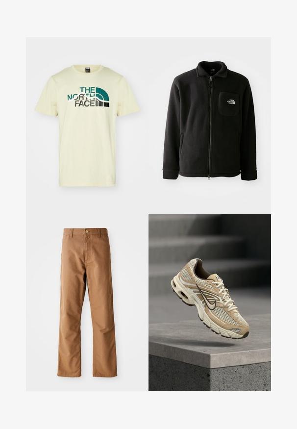 Musta fleece-takki, jossa on vetoketju edessä, korkea kaulus, elastiset hihansuut ja rinnassa logoa esittävä tasku. Pehmeä rakenne, rento muotoilu.; Vaaleankeltainen puuvillainen t-paita, jossa on kaareva muotoilu ja "THE NORTH FACE" -logo teal- ja mustalla värillä. Lyhyet hihat ja pyöreä kaula-aukko.; Ruske su ravne hlače s petljama za pojas, prednjim džepovima, zatvaranjem na dugme i zatvaračem na bijeloj pozadini.; Beige ja valkoinen Nike juoksukenkä, jossa verkkopaneelit ja musta swoosh-logo, kelluu betonireunuksen yllä, taustalla sumeat portaat.