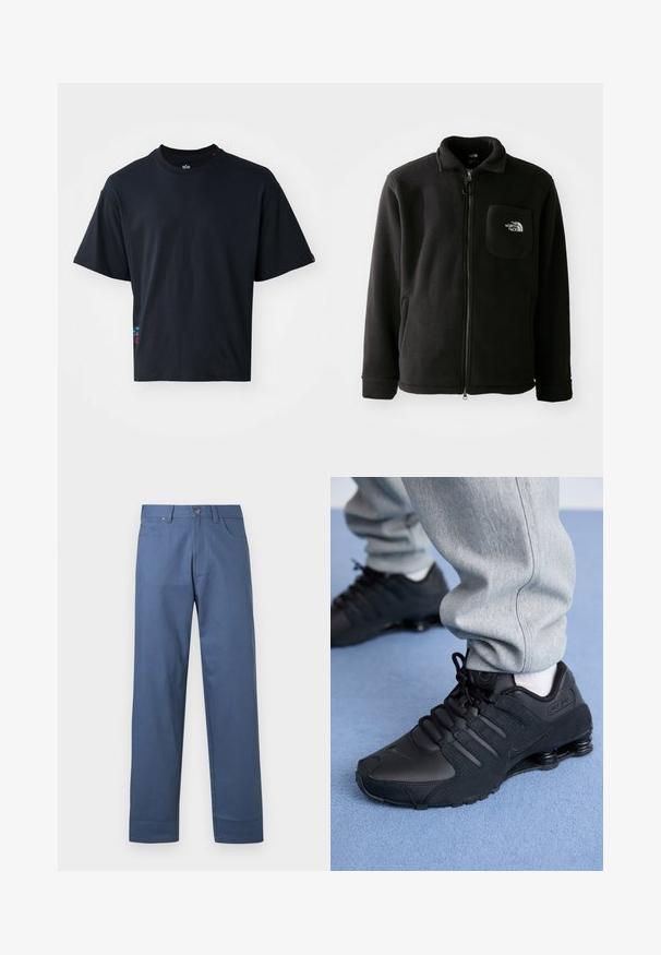 Zwarte fleece jack met ritssluiting aan de voorkant, hoge kraag, elastische manchetten en een borstzak met een logo. Zachte textuur, casual ontwerp.; Zwarte T-shirt met korte mouwen van katoen, met een klassieke ronde hals en een klein kleurrijk logootje aan de zijkant.; Blauwe katoenen broek met rechte pijpen, voorzien van een knoopsluiting aan de voorkant en vijf zakken. Glad textuur, zonder zichtbare patronen.; Persoon in zwarte Nike Shox sneakers en een grijze joggingbroek staand op een lichtblauw tapijt.