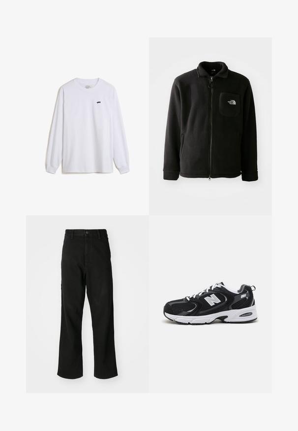 Sort fleecejakke med lynlås foran, høj krave, elastiske manchetter og en brystlomme med logo. Blødt materiale, afslappet design.; Hvid langærmet t-shirt i bomuld med et lille sort skateboardgrafik på venstre bryst og ribbede manchetter.; Sort lige ben jeans med knaplukning, bæltestropper og forlommer på en ensfarvet hvid baggrund.; Sorte og grå sportssko med mesh og ruskind på overdelen, der har en hvid mellemsål, snørebånd og et iøjnefaldende "N" logo på siden.