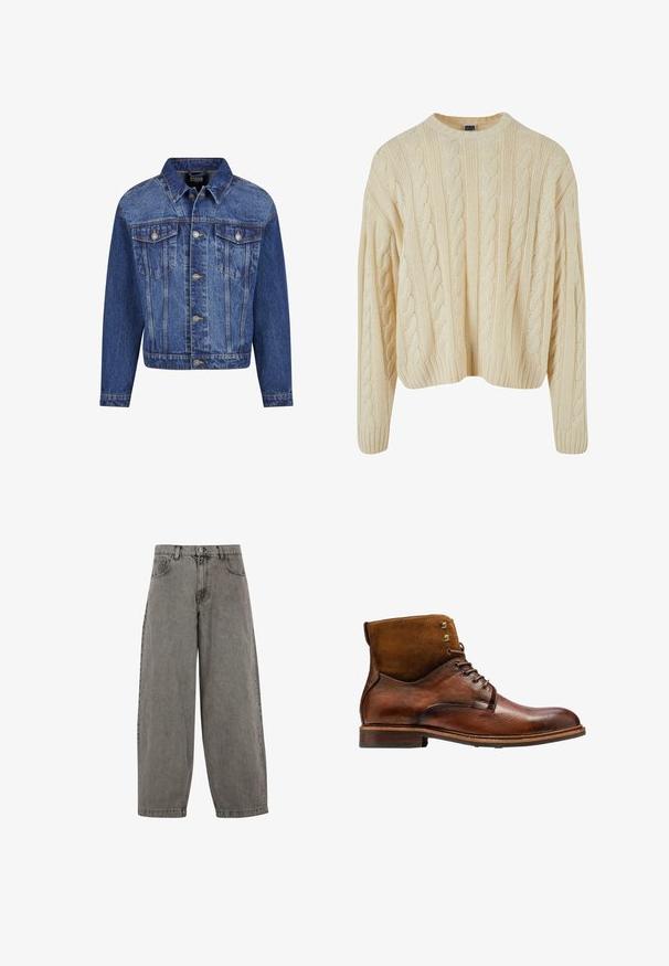 Veste en denim bleu moyen, avec des garnitures en argent, deux poches poitrine, une fermeture à boutons à l'avant, et un col classique. Coupe standard avec des manches longues.; Pull en tricot couleur crème avec un motif en torsade, col rond, et poignets et ourlet côtelés. Fabriqué en tissu doux et texturé.; Pantalon en denim gris avec taille haute, jambes larges, design classique à cinq poches et fermeture à bouton à l'avant. Fini légèrement texturé.; Kazar ALID - Bottines à lacets - brown
