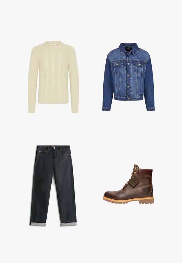 Denimjakke i mellemblå, med sølvfarvet hardware, to brystlommer, knaplukning foran og klassisk krave. Standard pasform med lange ærmer.; Blend BHBASIM - Striktrøje - oyster gray; Mørkeblå denimjeans med opsmøgede bukseben, fem lommer og kontrastsyning, lagt fladt på en hvid baggrund.; Brun læder ankelstøvle med rund tå, solid sål, hardware i guldtone og en tekstureret overdel. Inkluderer et logo-tagfæstet.