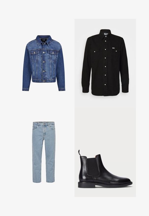 Keskmise sinise džinsi jakk, millel on hõbedased detailid, kaks rinna taskut, nööpidega esiosa ja klassikaline krae. Tavaline lõige pikkade varrukatega.; Mustavalge nööpidega särk, millel on terav krae, kaks rinna taskut, valged snap-nöörid ja tekstureeritud kangas. Wrangleri logo vasakul rinnal.; Hele sinised sirge lõikega teksad viie tasku, vööaasade ja nööpidega eesosaga, näidatud valgel taustal.; Mustast nahkajalastest Chelsea saapad elastsete külgpaneelidega, tekstuurse viimistlusega, ümarate varvastega ja madala paksu kontsaga. Omab tõmbeaasat, et neid oleks lihtne jalga panna.