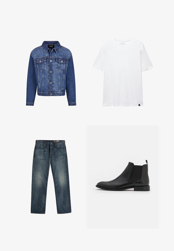 Denim jack in medium blauw, met zilverkleurige details, twee borstzakken, een knoopsluiting aan de voorkant en een klassieke kraag. Standaard pasvorm met lange mouwen.; Witte T-shirt met korte mouwen, regular fit, ronde hals en klein zwart stoffen label aan de onderzoom.; Donkerblauwe rechtbenige denim jeans met voorzakken en knoopsluiting, met subtiele vervaagde plekken op de dijen en knieën.; Zwarte leren Chelsea boot met elastische zijpanelen, een ronde neus en een lage hak. Gladde textuur met een minimalistisch ontwerp.