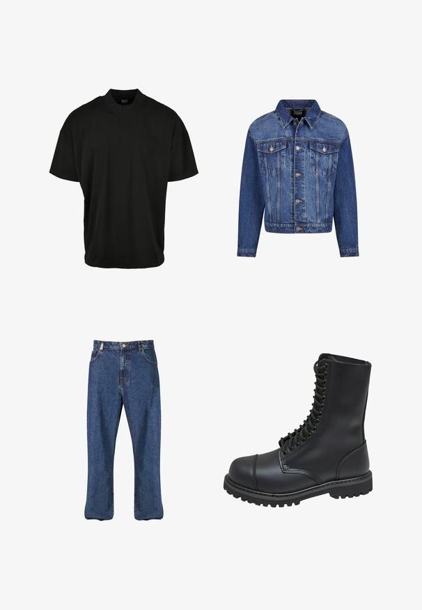 Denimjakke i mellemblå, med sølvfarvet hardware, to brystlommer, knaplukning foran og klassisk krave. Standard pasform med lange ærmer.; Sort kortærmet T-shirt med rund halsudskæring, lavet af blødt stof, med en afslappet pasform og uden synlige mønstre eller accenter.; Mørkeblå denim jeans med lige bendesign, klassisk fem-lomme stil og synligt syning langs sømmene.; Sort læder kampstøvle med høj skaft, snørebånd foran, polstret krave og en robust tekstureret sål for godt greb. Har forstærket tåhætte.