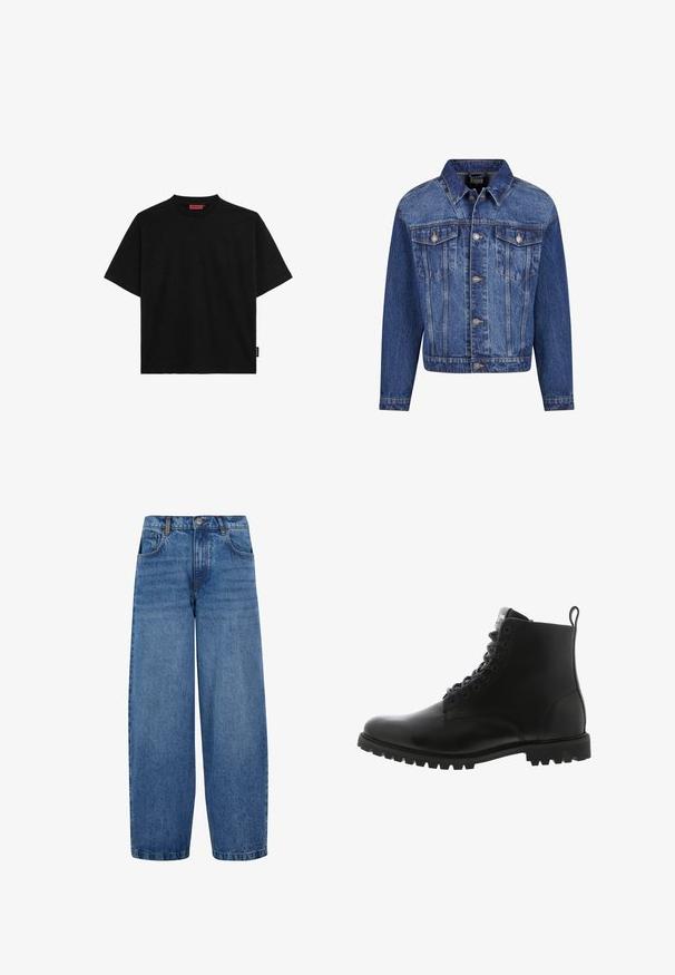 Jeansjacke in Mittelblau, mit silbernen Beschlägen, zwei Brusttaschen, einer durchgehenden Knopfleiste und einem klassischen Kragen. Standardpassform mit langen Ärmeln.; Schwarzes kurzärmliges T-Shirt aus Baumwolle mit Rundhalsausschnitt und einem kleinen Etikett an der Seite. Glatte Textur und gerader Schnitt.; Weite Jeans aus mittelblauem Denim. Merkmale sind eine hohe Taille, ein klassisches Fünf-Taschen-Design und dezente Ausbleichungen an den Beinen. Standard-Saum.; Schwarze Leder-Ankle-Boots mit runder Zehenform, Schnürung vorne, robustem Außensohle und einer Schlaufe auf der Rückseite für einfaches An- und Ausziehen.