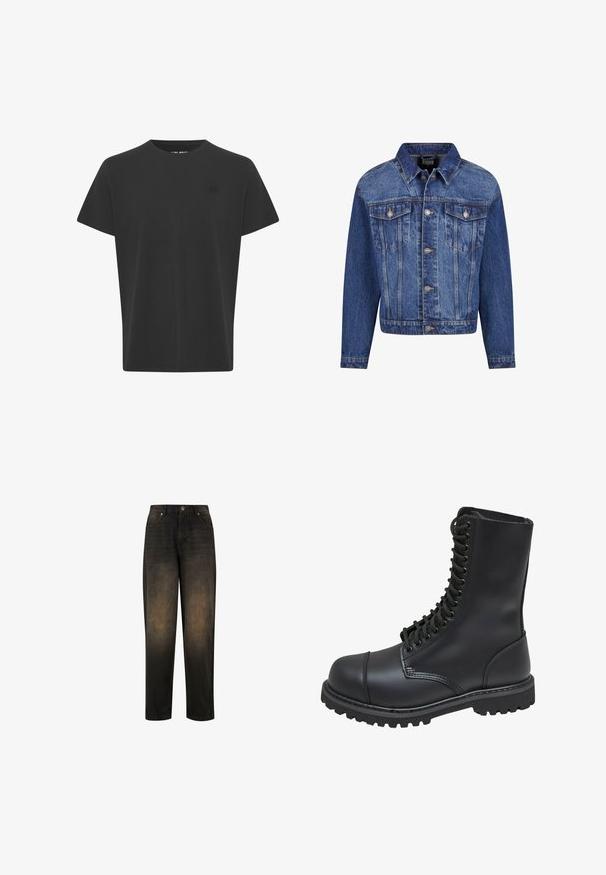 Veste en denim bleu moyen, avec des garnitures en argent, deux poches poitrine, une fermeture à boutons à l'avant, et un col classique. Coupe standard avec des manches longues.; T-shirt noir à manches courtes en tissu coton. Présente un col rond et un petit logo dans le coin supérieur gauche, texture lisse.; Jean en denim foncé avec une finition légèrement délavée, présentant une jambe droite, un design à cinq poches et une fermeture à bouton métallique.; Botte de combat en cuir noir avec un haut tige, fermeture lacée à l'avant, col rembourré et semelle texturée robuste pour une meilleure adhérence. Dotée d'un capuchon de protection renforcé.