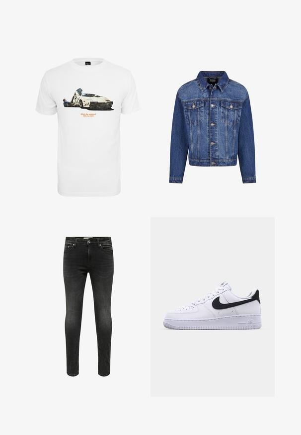 Denimjakke i mellemblå, med sølvfarvet hardware, to brystlommer, knaplukning foran og klassisk krave. Standard pasform med lange ærmer.; Hvid bomulds T-shirt med en bilillustration med to figurer, tekst der siger "Når weekenden rammer dig hårdt," og sat mod en simpel baggrund.; Sorte denim jeans med slim fit, fem-lomme design, subtil fading og enkelt metalhardware på talje og lommer.; Hvide lædersneakers med en struktureret sort Swoosh, flade snørebånd og en gummisål med et rillemønster. "AIR" er præget på hælen.