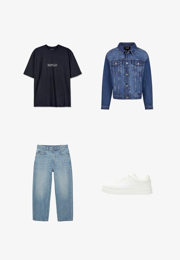 Jeansjacke in Mittelblau, mit silbernen Beschlägen, zwei Brusttaschen, einer durchgehenden Knopfleiste und einem klassischen Kragen. Standardpassform mit langen Ärmeln.; Schwarzes Baumwoll-T-Shirt mit Rundhalsausschnitt, auf der Vorderseite mit einem weißen Drucklogo "Pescador Club" und "Scent of Summer" versehen. Kurze Ärmel.; Hellblaue Jeans mit geradem Bein, vorne mit Knöpfen, Reißverschluss und Fünf-Taschen-Design auf weißem Hintergrund.; Weiße Sneaker mit einem glatten Lederoberteil, flachen Schnürsenkeln und einer dicken Gummisohle. Das minimalistische Design verfügt über subtile Nähte und nahtlose Akzente.