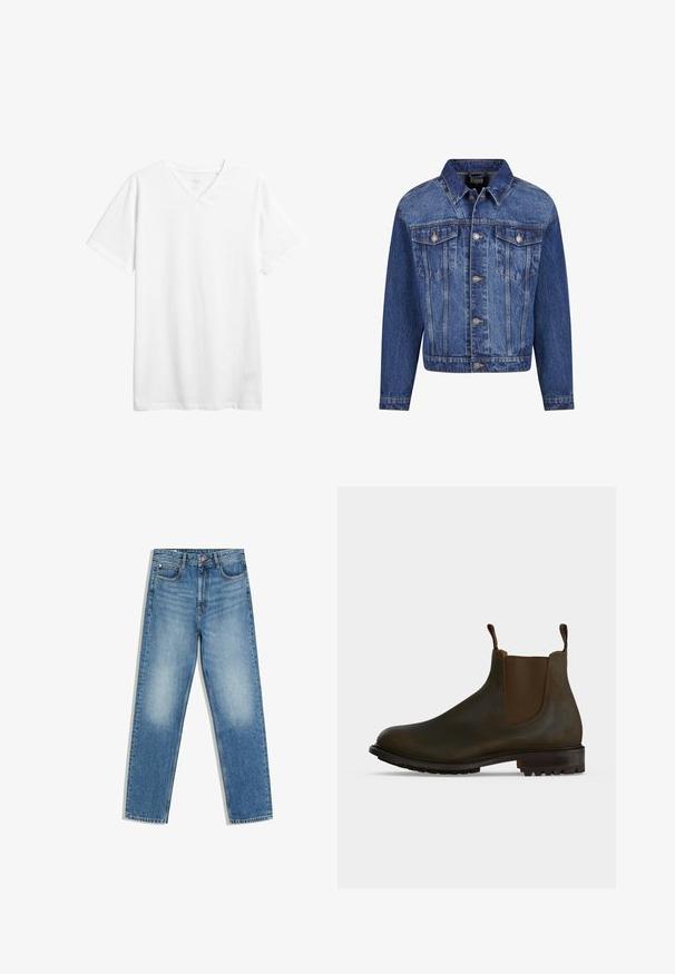 Jeansjacke in Mittelblau, mit silbernen Beschlägen, zwei Brusttaschen, einer durchgehenden Knopfleiste und einem klassischen Kragen. Standardpassform mit langen Ärmeln.; Weißes kurzärmliges V-Ausschnitt-T-Shirt aus Baumwolle. Verfügt über einen lässigen Schnitt und eine glatte Textur ohne sichtbare Muster oder Grafiken.; Blaue Denim-Jeans mit hoher Taille, frontaler Knopfleiste und Reißverschluss, zwei Vordertaschen und ausgebleichten Stellen an den Oberschenkeln und Knien.; Dunkelbrauner Leder-Chelsea-Boot mit elastischen Seitenpaneelen, Zuglaschen am Knöchel und profillaufsohle aus Gummi.