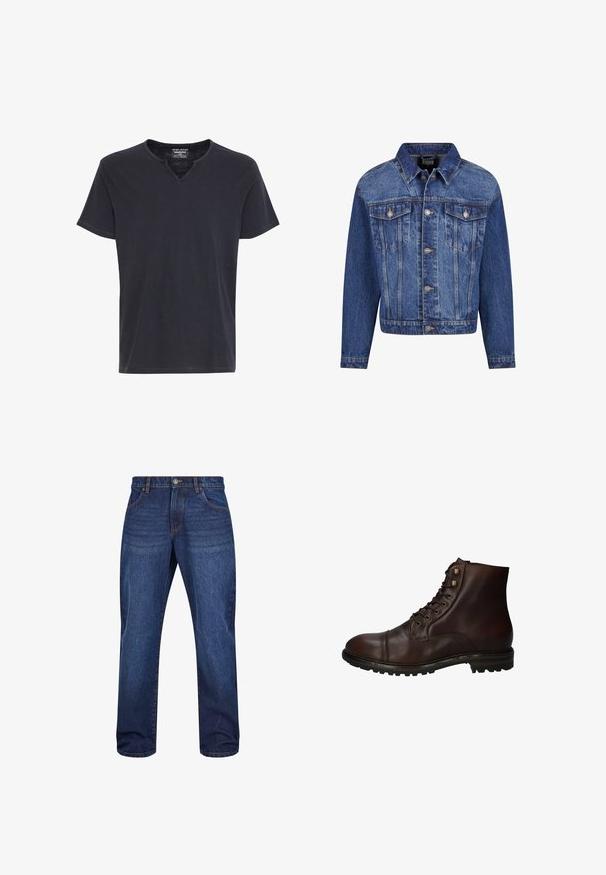 Jeansjacke in Mittelblau, mit silbernen Beschlägen, zwei Brusttaschen, einer durchgehenden Knopfleiste und einem klassischen Kragen. Standardpassform mit langen Ärmeln.; Schwarzes T-Shirt mit kurzen Ärmeln und einem V-förmigen Ausschnitt, einfaches, schmuckloses Design, dargestellt auf weißem Hintergrund.; Dunkelblaue Jeans aus Denim mit geradem Bein, Vorderaschen, Knopfverschluss und subtilen Verwaschungen im Stoff.; Dunkelbraune Leder Schnürstiefelette mit robustem Gummisohlen und Metallösen, von der Außenseite betrachtet.