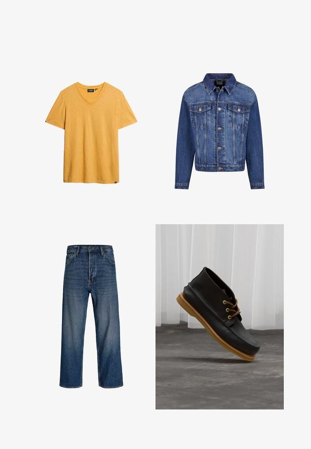 Chaqueta de mezclilla en azul medio, con herrajes plateados, dos bolsillos en el pecho, un cierre frontal de botones y un cuello clásico. Corte estándar con mangas largas.; Camiseta amarilla de cuello en V, hecha de una tela suave y texturizada. Mangas cortas y un corte relajado. Presenta una pequeña etiqueta de la marca en el costado inferior.; Vaqueros de mezclilla con un diseño de pierna recta, color azul oscuro y un ligero desvanecimiento. Cuenta con cinco bolsillos y un cierre de botón.; Zapatos de cuero negro con un acabado suave, punta redonda, cordones marrones y suelas de goma marrón claro. Logo embossado en el costado.