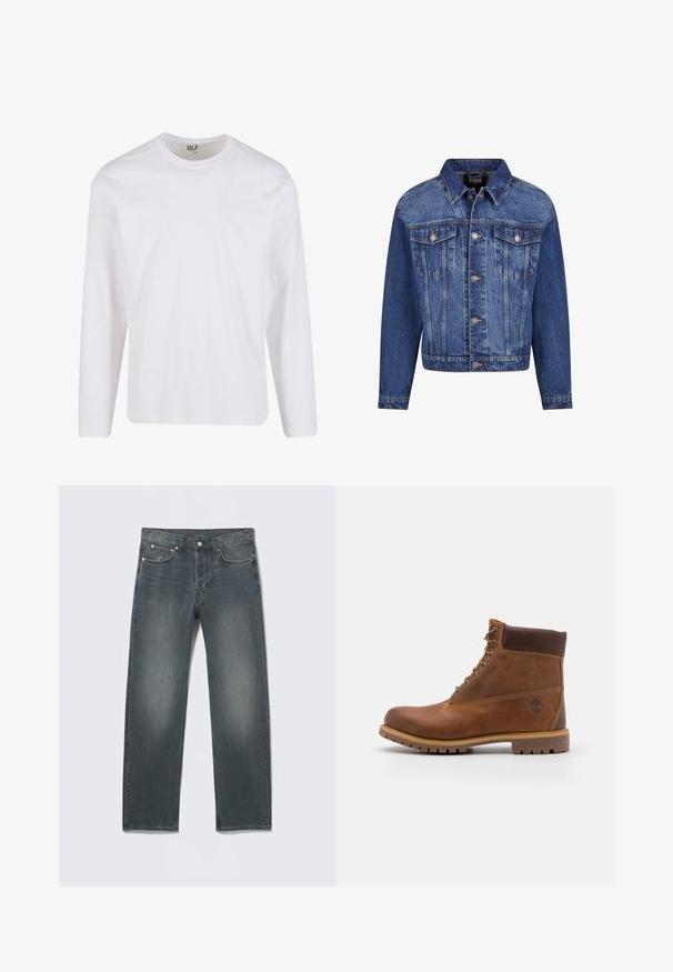 Denimjakke i mellemblå, med sølvfarvet hardware, to brystlommer, knaplukning foran og klassisk krave. Standard pasform med lange ærmer.; Hvid langærmet t-shirt lavet af blød bomuld, med en rund halsudskæring og et enkelt, sømløst design uden grafiske mønstre eller pynt.; Mørkegrå denimjeans med lige ben, forlommer, bæltestropper, knaplukning og diskrete falmede detaljer.; Brun læder vandrestøvle med en glat finish, polstret ankel, metalliske snørehuller og en gummisål med et robust dækmønster.