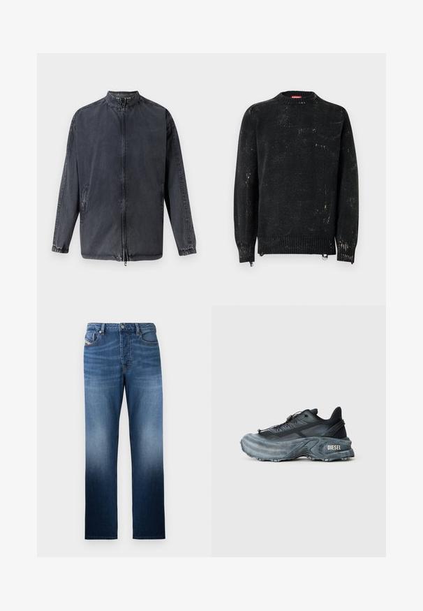 Schwarze lässige Jacke aus Denim-Material, mit Stehkragen, Reißverschluss vorne und elastischen Bündchen. Mit seitlichen Taschen und lässiger Passform.; Schwarzer Strickpullover mit rundem Hals, gerippten Bündchen und Saum. Verfügt über eine verwaschene Textur mit helleren Markierungen. Seitliche Reißverschlüsse zur Anpassung.; Dunkelblaue Jeans aus Denim mit geradem Bein und einem ausgewaschenen Effekt. Enthält einen Frontknopfverschluss und Taschen.; Schwarz- und graue Diesel-Sneaker mit dicker Sohle, Schnürverschluss und strukturiertem Design auf einem schlichten hellgrauen Hintergrund.