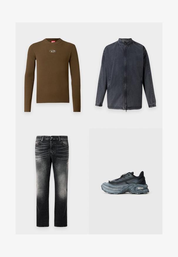 Chaqueta casual negra de material vaquero, con cuello alto, cierre de cremallera en la parte delantera y puños elásticos. Incluye bolsillos laterales y un corte relajado.; Top de manga larga de canalé marrón con cuello redondo y un parche con logo en el pecho. La textura es suave y ajustada, fabricada en material elástico.; Jeans negros con acabado desgastado y toques rasgados, diseño estándar de cinco bolsillos y cierre con cremallera. Elaborados en tela de denim.; Zapatilla Diesel en negro y gris con suela gruesa, cierre de cordón y diseño texturizado sobre un fondo liso de color gris claro.