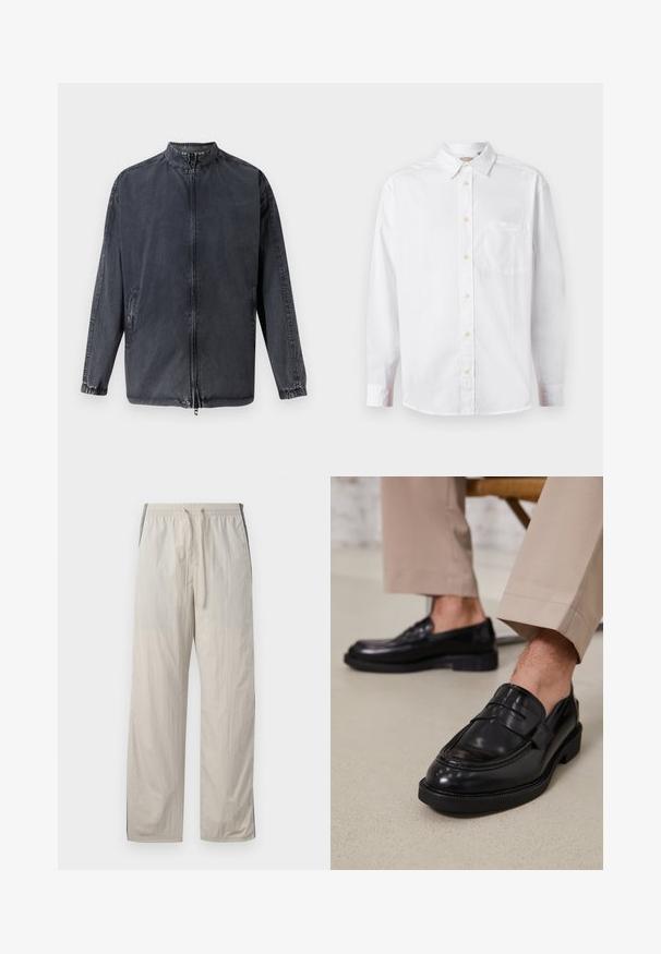 Veste décontractée noire en denim, avec col montant, fermeture éclair à l'avant et poignets élastiques. Comprend des poches latérales et une coupe décontractée.; Chemise blanche à manches longues avec un col et une poche poitrine, présentée sur un fond clair.; Pantalons beiges légers, avec cordon de serrage et taille élastique, présentant des panneaux latéraux foncés et une coupe droite décontractée.; Mocassins en cuir noir avec une finition lisse, ornés d'une sangle décorative et de coutures contrastées, associés à un pantalon beige.