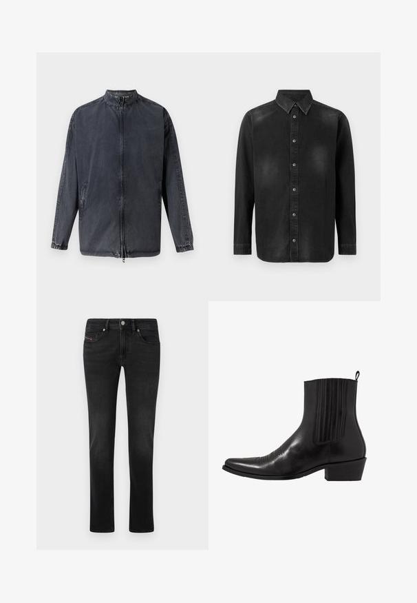 Schwarze lässige Jacke aus Denim-Material, mit Stehkragen, Reißverschluss vorne und elastischen Bündchen. Mit seitlichen Taschen und lässiger Passform.; Schwarze Denim-Hemd mit Button-Down-Kragen, langen Ärmeln und einer vorderen Knopfleiste. Verfügt über dezente Verblassungen und eine taillierte Passform.; Schwarze Denim-Jeans mit geradem Bein, ausgestattet mit Vorder- und Gesäßtaschen, subtilen Ausbleichungen und einem Metallknopfverschluss.; Schwarze Leder- ankle boot mit spitzem Zehenbereich, elastischen Seitenpaneelen, vertikalen Steppnähten und einem niedrigen Blockabsatz.