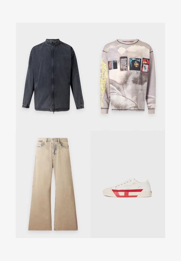 Sort afslappet jakke lavet af denim materiale, med en opretstående krave, lynlås foran og elastiske manchetter. Indeholder sidelommer og en afslappet pasform.; Langærmet, falmet beige skjorte med grafiske tryk af smartphones, mennesker og abstrakte former, med gul tekstdesign på det ene ærme.; Beige brede jeans med falmet tekstur, fem-lomme design og syet detaljering langs sømmene. Midjebåndet har en traditionel knaplukning.; Lærreds sneakers med en hvid overdel, røde gummidetaljer og et tekstureret design. Har en rund tå og fem huller til snørebånd.
