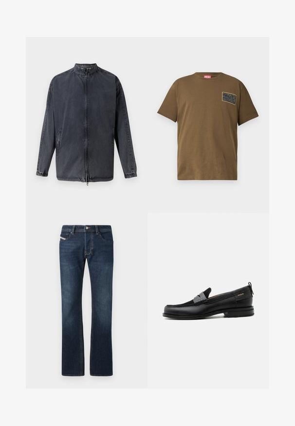 Schwarze lässige Jacke aus Denim-Material, mit Stehkragen, Reißverschluss vorne und elastischen Bündchen. Mit seitlichen Taschen und lässiger Passform.; Braunes Baumwoll-T-Shirt mit Rundhalsausschnitt, das einen schwarzen Grafik-Patch auf der linken Brust hat. Kurze Ärmel und ein gerader Saum.; Dunkelblaue Denim-Jeans mit geradem Bein, fünf Taschen und dezenten Nähten. Mit Metallknopf und Reißverschluss.; Schwarzer Lederloafer mit grauem Riemendetail, niedrigem Absatz und strukturierter Sohle, seitlich mit „HUGO“ in Gold gebrandmarkt.