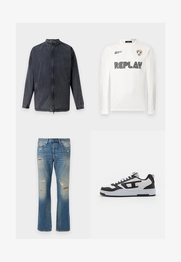Schwarze lässige Jacke aus Denim-Material, mit Stehkragen, Reißverschluss vorne und elastischen Bündchen. Mit seitlichen Taschen und lässiger Passform.; Weißes Langarmhemd mit schwarzem "REPLAY"-Schriftzug über der Brust, kleinem "REPLAY FC"-Schriftzug oben links und einem dreifarbigen Wappenemblem mit drei Sternen oben rechts.; Hellblaue Denim-Jeans mit einer lockeren Passform, die verwaschene Details und fransige Patches aufweisen, mit dem klassischen Fünf-Taschen-Design und einem Knopfverschluss.; Schwarze und weiße Sneaker mit Obermaterial aus strukturiertem Leder, gepolstertem Schuhkragen, runder Zehenpartie und kontrastierender Gummisohle. Inklusive weißer Schnürsenkel und Logodetail.