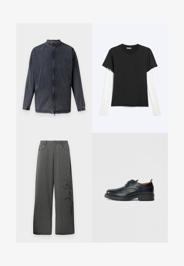 Sort afslappet jakke lavet af denim materiale, med en opretstående krave, lynlås foran og elastiske manchetter. Indeholder sidelommer og en afslappet pasform.; Sort T-shirt med korte ærmer lagdelt over en hvid skjorte med lange ærmer, fladt lagt på en lysegrå baggrund med WEEKDAY-mærket synligt inde i kraven.; Bredbenede, mørkegrå stofbukser med striber, som har forlommer og et sort dekorativt print på venstre side.; Sorte læder derby-sko med en glat overflade, rund tå, snøre-design og en tyk, robust gummisål.