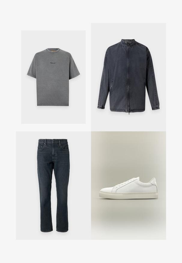 Veste décontractée noire en denim, avec col montant, fermeture éclair à l'avant et poignets élastiques. Comprend des poches latérales et une coupe décontractée.; T-shirt gris charbon à manches courtes, col rond, avec petit logo "Replay Inc." brodé centré sur la poitrine.; Jean en denim bleu foncé avec une coupe droite, design à cinq poches et fermeture à bouton. Présente un léger dégradé et des surpiqûres contrastées.; Baskets blanches basses à lacets sur l’avant et semelle épaisse, vues de côté sur un fond neutre.
