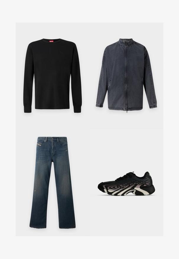 Chaqueta casual negra de material vaquero, con cuello alto, cierre de cremallera en la parte delantera y puños elásticos. Incluye bolsillos laterales y un corte relajado.; Camiseta negra de manga larga hecha de una tela suave, con un cuello redondo y un sutil logo negro en el pecho. Diseño liso, corte regular.; Jeans de mezclilla azul con un diseño de pierna recta, textura desgastada, dobladillo deshilachado y detalles desgastados en el bolsillo frontal y área del muslo.; Zapatilla deportiva negra y gris con patrones geométricos en capas y suela gruesa y esculpida mostrada de lado sobre un fondo blanco.