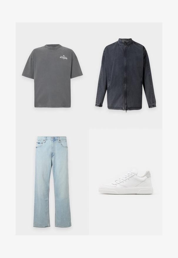 Sort afslappet jakke lavet af denim materiale, med en opretstående krave, lynlås foran og elastiske manchetter. Indeholder sidelommer og en afslappet pasform.; Mørkegrå T-shirt med korte ærmer og rund hals med lille hvid "ALLSAINTS"-logo på øverste venstre bryst.; Lyseblå denimjeans med en løs, bred bendesign. Har fem lommer, bæltestropper og en lynlås med knaplukning.; Hvide lædersneakers med en glat finish, rund tå, flade snørebånd og en struktureret sål. Grå ruskindsdetalje ved hælen.