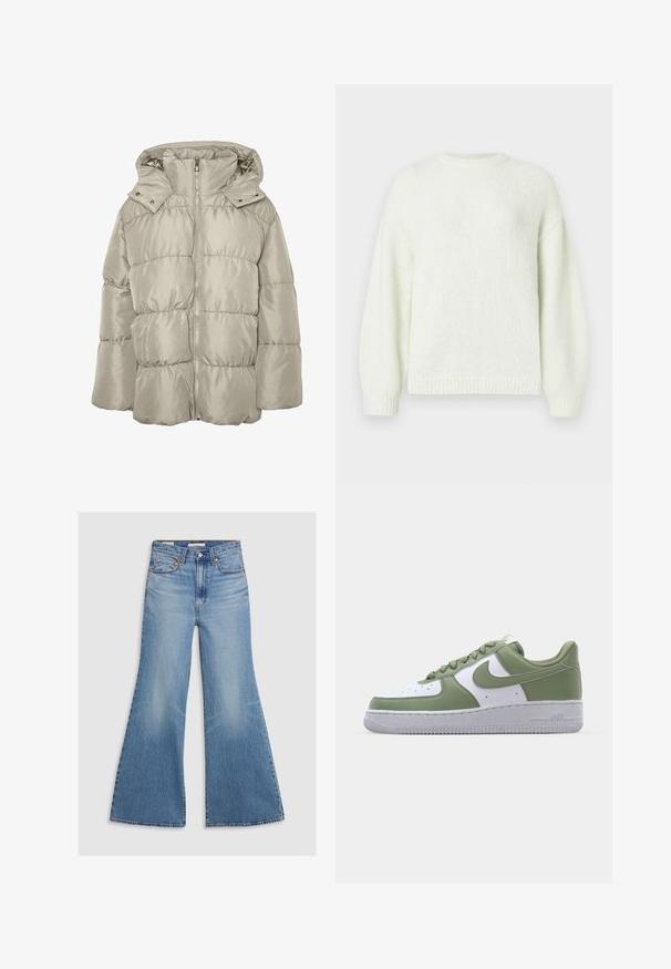 Vero Moda Vinterfrakke - oatmeal; Lysegrøn strikket sweater med lange ærmer, rund halsudskæring og ribbet kant. Blød tekstur, afslappet pasform og let oversized design.; Lysvasket denim flared jeans med høj talje, frontlommer og bronze hardware. Stoffet har en falmet tekstur med en glat finish.; Nike Air Force 1 sneakers i grøn og hvid læder. Lavtop design, rund tå, struktureret gummisål og fremtrædende swoosh-logo detalje.