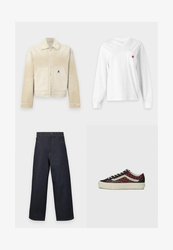 Beige spijkerjack met een ritssluiting aan de voorkant, puntige kraag, twee voorkantzakken en een klein logoplaatje op de linkerzak. Getextureerde stof.; Wit longsleeve shirt met ronde hals en borstzakje met een klein rood hartvormig logo aan de rechterkant.; Donkerblauwe denim jeans met brede pijpen, voorste knoopsluiting en zakken, afgebeeld tegen een effen witte achtergrond.; Vans OLD SKOOL 36 UNISEX - Sneakers laag - bordeaux