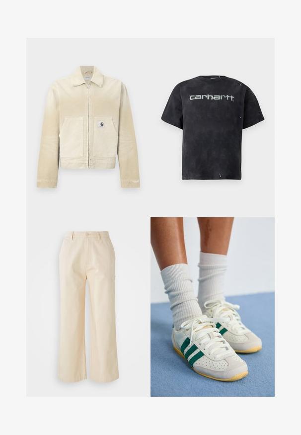 Μπεζ μπουφάν denim με φερμουάρ μπροστά, μυτερό γιακά, δύο τσέπες μπροστά και ένα μικρό λογότυπο στο αριστερό τσεπάκι. Υφασμάτινη υφή.; Μαύρο μπλουζάκι tie-dye κατασκευασμένο από βαμβάκι. Διαθέτει κοντά μανίκια, στρογγυλή λαιμόκοψη και μεγάλο γκρι λογότυπο μπροστά. Λεπτομέρειες με διακριτική φθορά.; Ανοιχτό μπεζ παντελόνι σε φαρδιά γραμμή από βαμβάκι με λεία υφή, διαθέτοντας κουμπί μπροστά και πλευρικές τσέπες.; Πόδια με λευκά αθλητικά παπούτσια με πράσινες ρίγες και λευκές ριμπ πλεκτές κάλτσες που στέκονται σε ένα ανοιχτό μπλε χαλί.