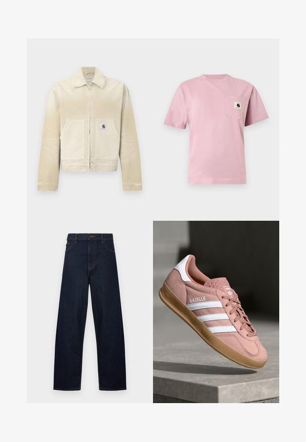 Veste en denim beige avec une fermeture éclair à l'avant, un col pointu, deux poches avant et un petit patch logo sur la poche gauche. Tissu texturé.; T-shirt rose clair à manches courtes avec une poche poitrine gauche présentant un petit patch logo Carhartt.; Jean droit taille haute bleu foncé avec fermeture par boutons, poches avant et surpiqûres jaunes visibles sur fond blanc.; Baskets en suede rose avec des rayures blanches, semelle en caoutchouc, supérieur texturé et logo sur la languette. Design classique basse.