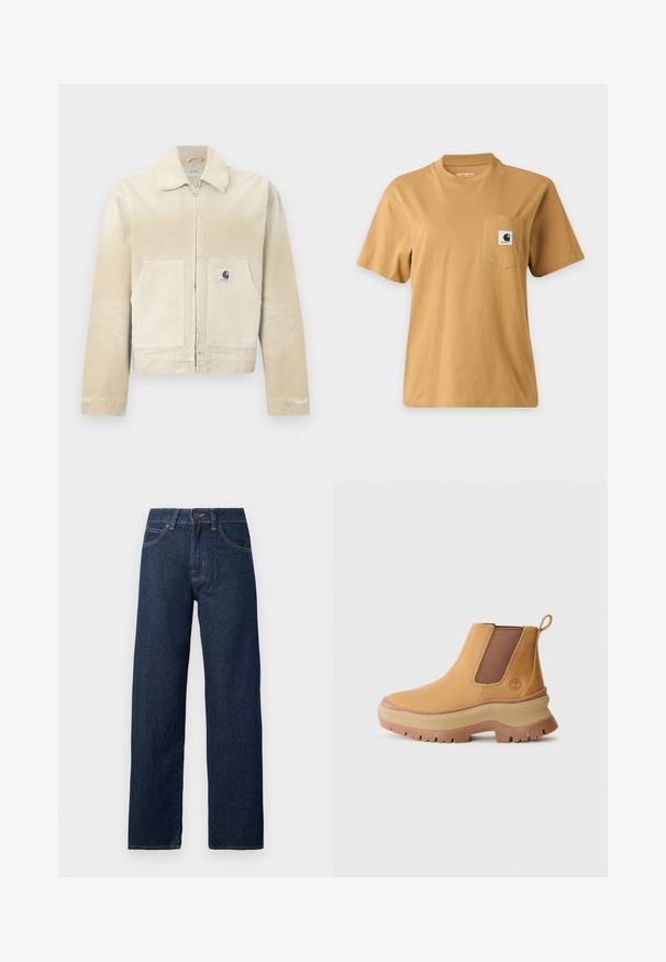 Μπεζ μπουφάν denim με φερμουάρ μπροστά, μυτερό γιακά, δύο τσέπες μπροστά και ένα μικρό λογότυπο στο αριστερό τσεπάκι. Υφασμάτινη υφή.; Απλό καφέ κοντομάνικο μπλουζάκι με τσέπη στο στήθος που διαθέτει τετράγωνο λογότυπο της μάρκας, εμφανιζόμενο σε απλό ανοιχτό φόντο.; Σκούρο μπλε τζιν παντελόνι με ίσια γραμμή, μπροστινό κουμπί, φερμουάρ και πέντε τσέπες, σε λευκό φόντο.; Καφέ δερμάτινη μπότες μέχρι τον αστράγαλο με ελαστικές πλαϊνές πάνες, στρογγυλή μύτη και παχύ καουτσούκ σόλα με βαθύ πέλμα; διαθέτει βρόχο στην φτέρνα.