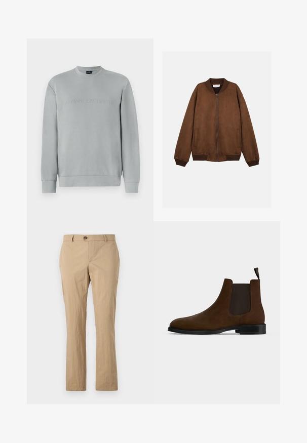 Ruskea mokkanahkainen pommitakki, jossa on resorikauluksen, hihansuiden ja helman yksityiskohdat, etuvetoketju ja kaksi sivutaskua.; Harmaa sweatshirt, jossa on pyöreä kaula-aukko, ja edessä kohotettu "ARMANI EXCHANGE" -teksti sekä resorit hihansuissa ja helman kohdalla.; Beige puuvillahousut suoralla lahkeella, joissa on napitus, vyölenkit ja sileä pinta. Ei näkyviä kuvioita.; Ruskea mokkanahkainen Chelsea-nilkkuri mustilla elastisilla sivupaneeleilla, mustalla kumipohjalla ja vetokielekkeellä takana valkoista taustaa vasten.