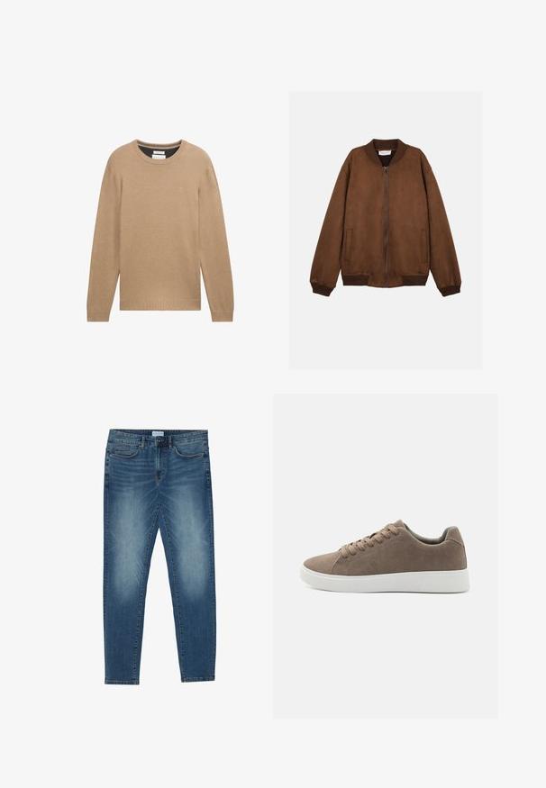 Veste bomber en daim brun avec col, poignets et ourlet côtelés, fermeture éclair avant et deux poches latérales.; Pull en tricot beige avec un col rond, des manches longues et des poignets et un ourlet côtelés. Présente un petit logo sur la poitrine.; Jean en denim bleu moyen avec un délavage léger, design à cinq poches, coupe droite et accents cousus. Fermeture par bouton et zip.; Baskets en daim marron avec des semelles en caoutchouc blanc plat, design lacé, bout rond et texture lisse. Style minimaliste avec des détails de couture subtils.