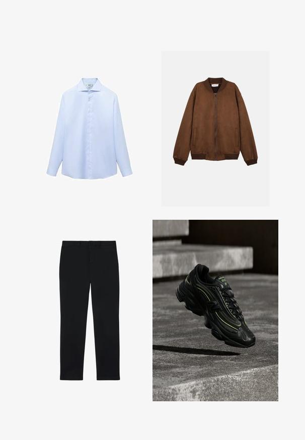 Chaqueta bomber de ante marrón con cuello, puños y dobladillo acanalados, cierre frontal con cremallera y dos bolsillos laterales.; Camisa de manga larga azul clara en un tejido suave, con cuello puntiagudo y botonera completa con botones blancos. Sin estampados ni acentos.; Pantalones negros con corte recto, hechos de tela suave. Presentan un botón y cremallera, trabillas para cinturón y bolsillos laterales y traseros.; Zapatilla negra de New Balance con detalles en verde neón suspendida sobre escalones de hormigón gris con poca luz.