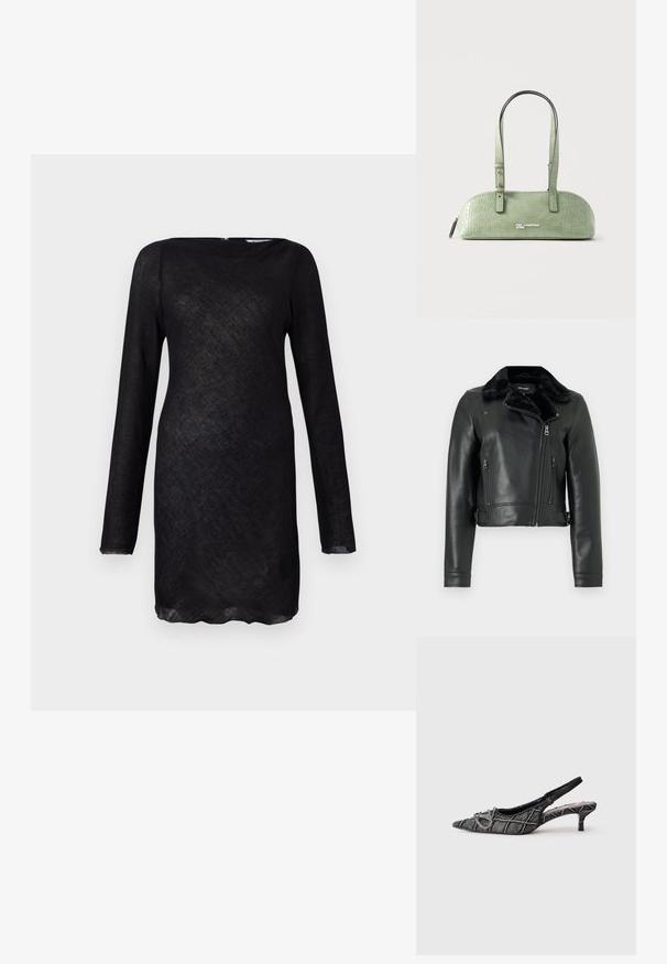 Musthave nahkajope, millel on sünteetilisest karvast kaelus, asümmeetriline tõmblukk ja kaks esiotsa tõmblukuga taskut. Lühike stiil ja istuvad varrukad.; Mustmust mustreft dress, millepne komponente materjalist, millel on ümar kaelus ja kõver alläär. Omab diskreetset tagasitõmbevet.; Must sanga-tipuga madala kitten kontsaga, teravaotstega, tekstuurse mustriga ja hõbedase pandlaga valgel taustal.; Hele rohelise krokodillinaha mustriga õlakott, õhukeste reguleeritavate rihmade ja hõbedase "Karl Lagerfeld Jeans" logo ees.