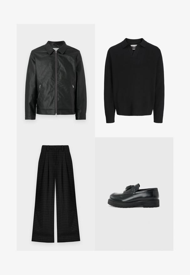 Schwarze Lederjacke mit Druckknopfkragen, frontalem Reißverschluss und zwei seitlichen Reißverschlusstaschen. Texturierte Oberfläche und strukturierter Schnitt runden den Look ab.; Schwarzer, gestrickter Pullover mit V-Ausschnitt und Kragen. Mit gerippten Bündchen und Saum. Glatte Textur, minimalistisches Design.; Schwarz karierte weite Hosen mit Falten, die eine glatte Textur und ein klassisches Design bieten. Leichter Stoff für Komfort.; Schwarzer Leder-Slipper mit Quasten, dicke Gummisohle und niedrigem Absatz, im Seitenprofil vor einem einfarbigen Hintergrund gezeigt.