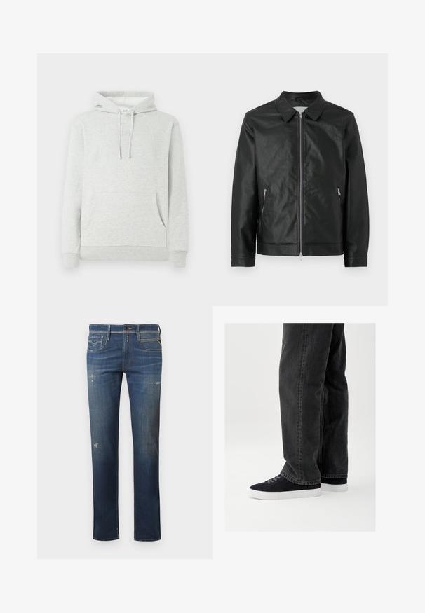 Zwarte leren jas met een drukknop-kraag, voorrits en twee zijzakken met rits. Textuurafwerking en gestructureerd ontwerp maken de look compleet.; Lichtgrijze hoodie met een trekkoordkap, voorzak, ribgebreide manchetten en zoom, met een subtiele logo-embossing op de borst.; Donkerblauwe denim jeans met een rechte pijp, voorzien van versleten plekken, subtiele vervaging en een traditionele vijf-pocketontwerp met een knoopsluiting.; Zwarte denim jeans met een losse pasvorm, gecombineerd met marineblauwe suède sneakers met witte rubberen zolen en zwarte veters. Eenvoudig en modern ontwerp.