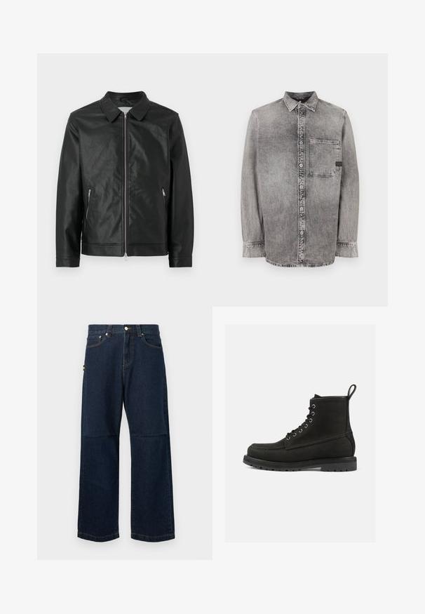 Schwarze Lederjacke mit Druckknopfkragen, frontalem Reißverschluss und zwei seitlichen Reißverschlusstaschen. Texturierte Oberfläche und strukturierter Schnitt runden den Look ab.; Graues Denim-Hemd mit Knopfleiste, langen Ärmeln, mittlerem Stoffgewicht, einer Brusttasche, abgedunkeltem Finish mit kontrastierenden Knöpfen, klassischem Kragen.; Dunkelblaue Denim-Jeans mit geraden Beinen, die ein klassisches Fünf-Taschen-Design, kontrastierende Nähte und ein kleines farbiges Etikett an der Seite aufweisen.; Schwarze Leder-Ankle-Boots mit runder Zehenpartie, Schnürdesign, Metallösen und einer strukturierten Gummisohle. Verfügt über eine dekorative Schlaufe.