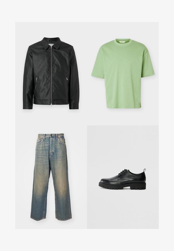 Sort læderjakke med knapkrave, frontlynlås og to sidelommer med lynlås. Teksturfinish og struktureret design fuldender udseendet.; Plain lysegrøn T-shirt med korte ærmer og rund halsudskæring, med almindelig pasform og blød stofstruktur, vist på hvid baggrund.; Høj talje, lige ben, falmede blå denimjeans med forlommer og knaplukning på en lys baggrund.; Sort læder sko med en rund tå, der har snørelukning, solid sort gummisål og en lille hælflap bagpå.